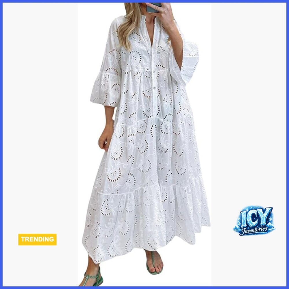 Cotton Eyelet Maxi Dress Embroidered Flowy Boho Lace Shirt Dress